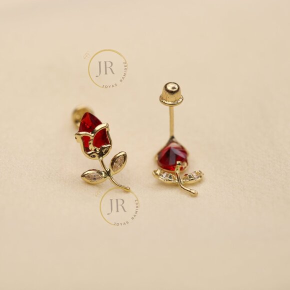 14K Solid Yellow Gold Red Tulip Stud Earrings • Floral Elegance & Passion. - Picture 6 of 10